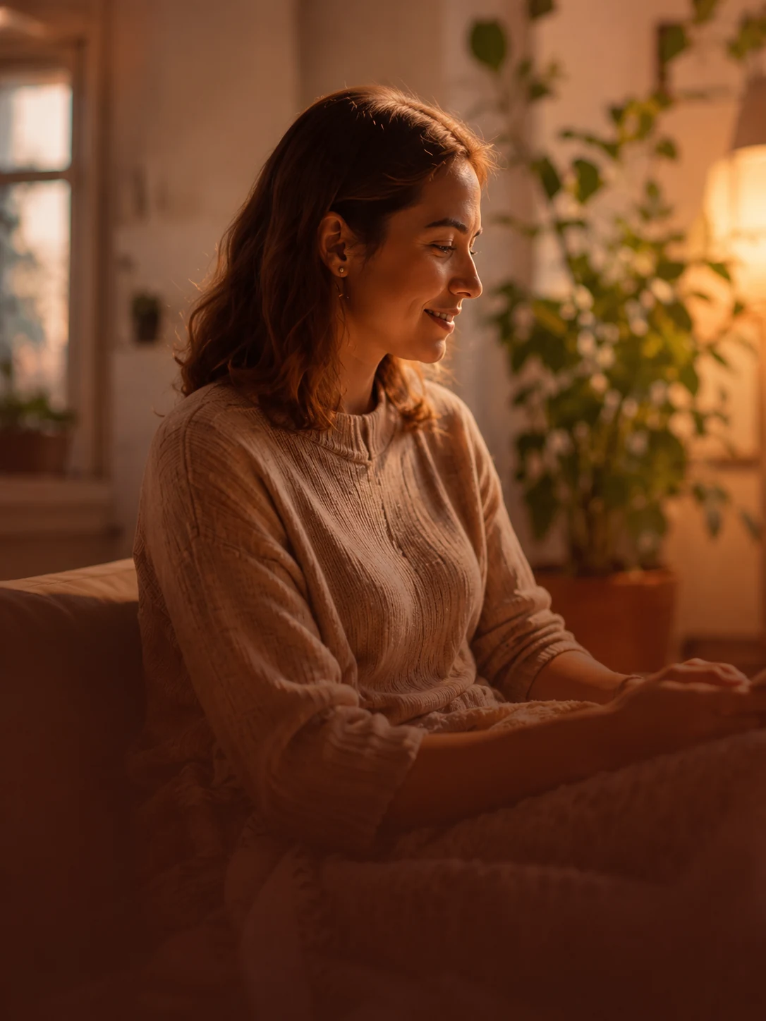 Mujer sonriendo con luz cálida de atardecer