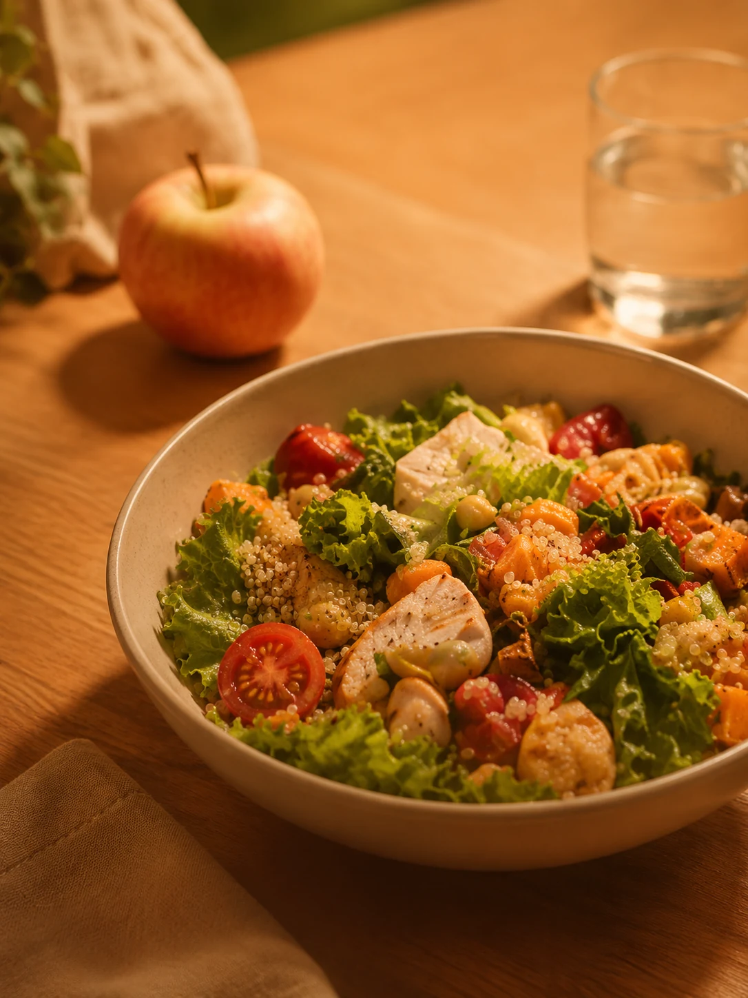 Ensalada fresca con manzana, quinoa y jitomate