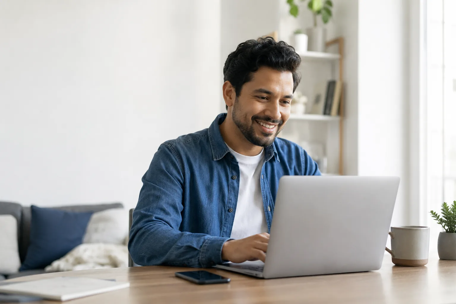Asegurado trabajando desde casa con una taza en la mano