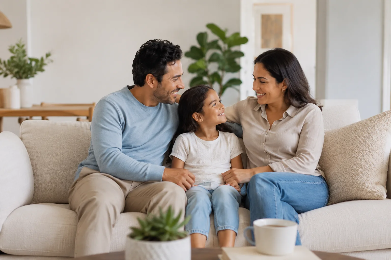 Familia sonriente abrazada en su sala por la noche